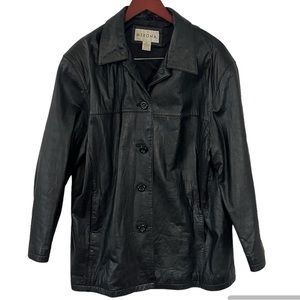 Merona Black Leather Coat, SZ 18W, five buttons, soft leather.